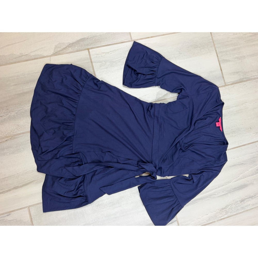 Lilly Pulitzer Navy Blue Ruffle Hem Wrap Dress Bell Sleeve Knit Medium